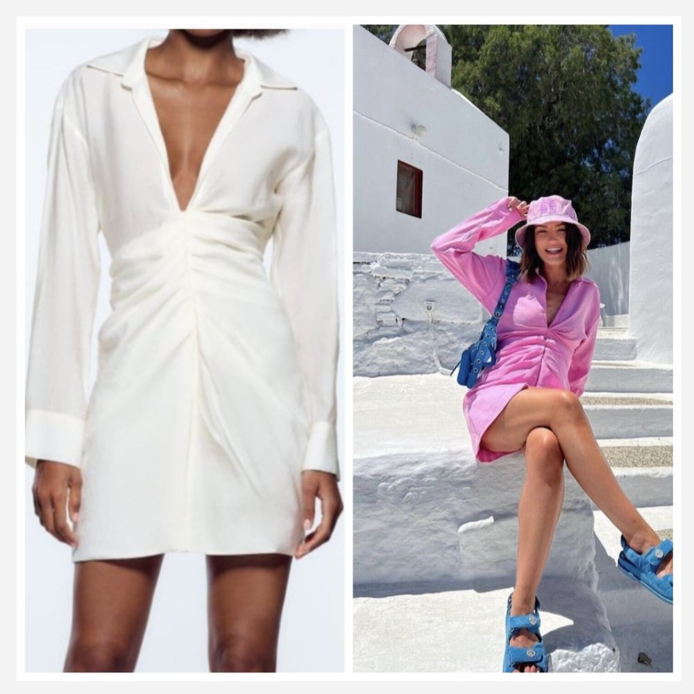 ZARA Oyster White Ruched Draped Long Sleeve Dress $69.90